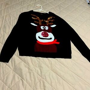Womens Sweater Black Gold Sparkle Reindeer Christmas Holiday